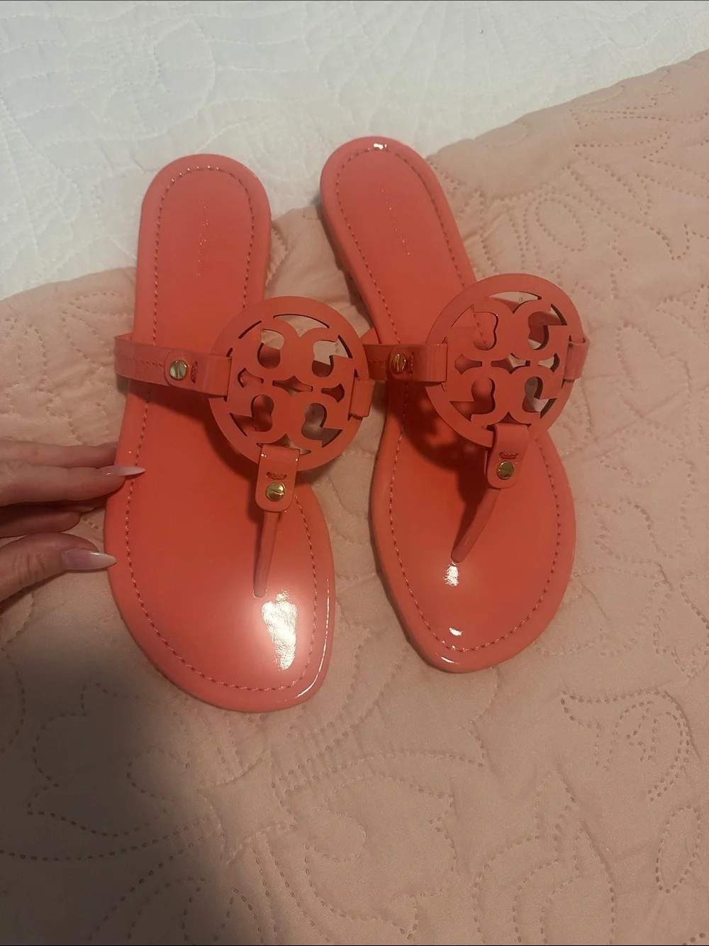 Tory Burch Coral Patent Logo Thong Sandals